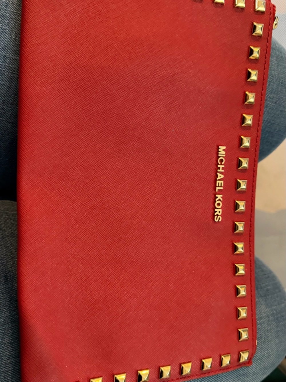Michael Kors Red Saffiano Zip Wallet with Gold Studs